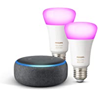 Echo Dot (3.ª generación)- tela de color antracita + Philips Hue White &amp- Color Ambiance Pack de 2 bombillas LED…
